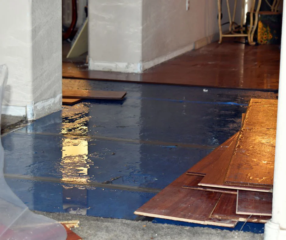 Water damage to a laminate wood floor reveals the sub floor covered in water and the wood laminate floor removed. Prevent water damage with these tips for Summit County homeowners