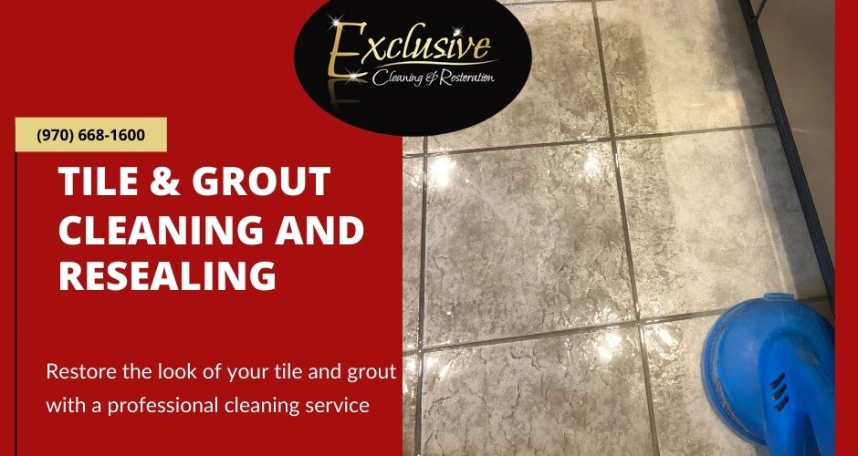 a tile floor being professional cleaned so you can see the visual difference between the before and after. tile grout cleaning and sealing breckenridge and frisco, colorado