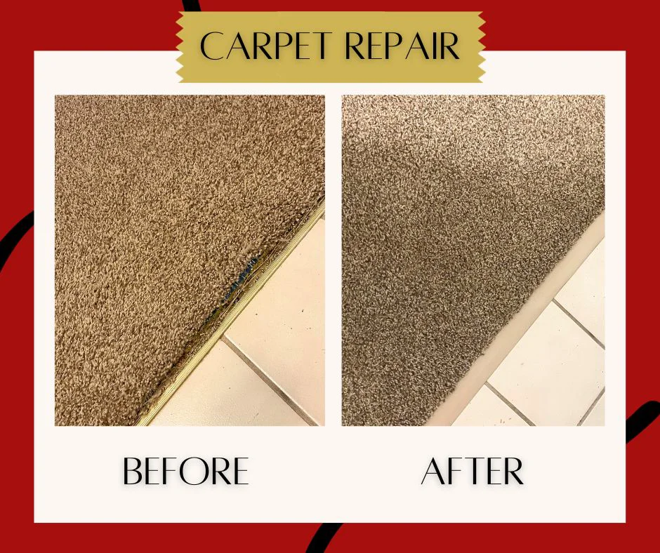 A before and after photo of a carpet repair in Siverthorne, CO performed by Exclusive Cleaning & Restoration's carpet repair service.