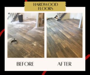 before and after of a refinished hardwood floor that has been professionally cleaned in Dillon, CO.