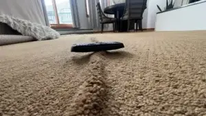 A cell phone demonstrating the height of a carpet ripple indicating professional carpet repair and carpet stretching services in Frisco are needed