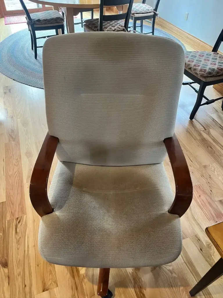 A very dirty office chair with visible stains.